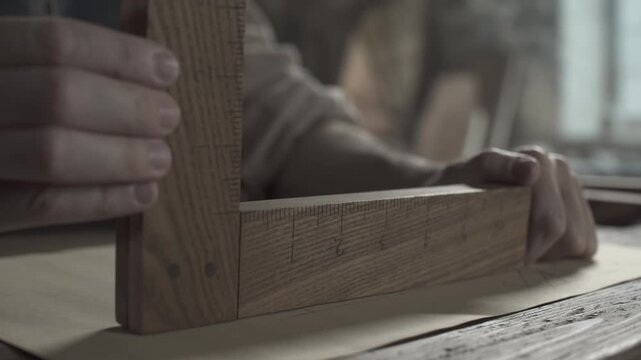 Hands of a medieval inventor checking a geometry drawing with a wooden square ruler on parchment paper inside a workshop