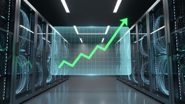Futuristic data center server room with glowing digital growth graph and advanced technology concept