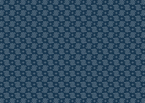 Classic blue seamless pattern with white traditional javanese batik parang motif and wavy lines background