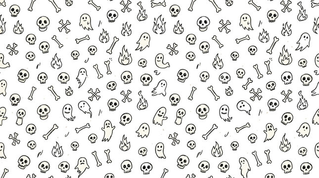 A horror-themed zombie set line art illustration features zombies and bones.