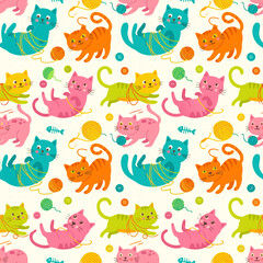 Fototapeta premium Charming seamless pattern featuring cute cartoon cats playing with colorful yarn balls in pastel shades.
