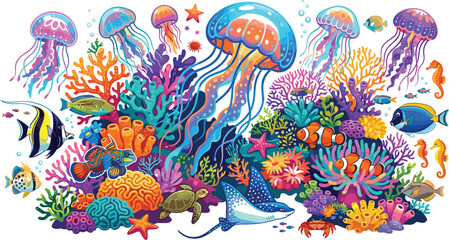 Fototapeta premium Vibrant Underwater Coral Reef Vector Illustration with Colorful Jellyfish Tropical Fish Sea Turtle Seahorses and Stingray for Aquatic Nature Designs
