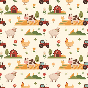Charming seamless pattern featuring cute farm animals like cows, chickens, and tractors in soft country colors.