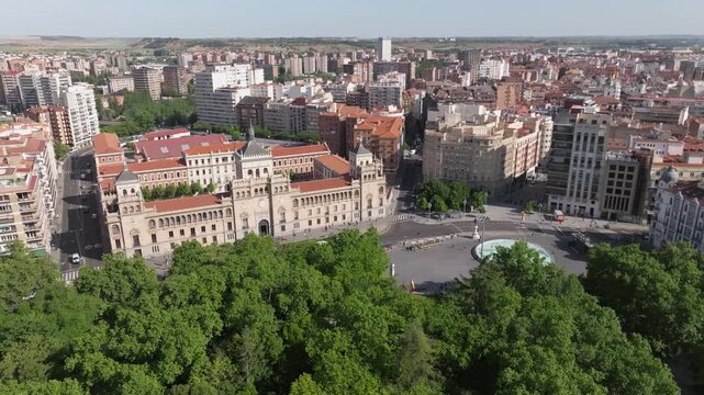 Aerial drone view of  Academia de Caballeria,  Plaza Zorrilla and city center of Valladolid, Spain