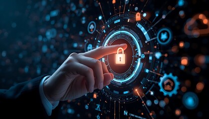Fototapeta premium Cybersecurity Protection Concept with Finger Touching Digital Lock Interface