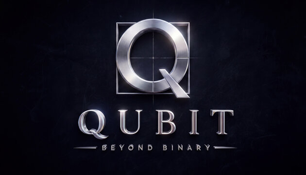A metallic, silver-brushed logo featuring a stylized letter Q in a square frame above the text "QUBIT BEYOND BINARY" centered on a dark, subtly textured black background.