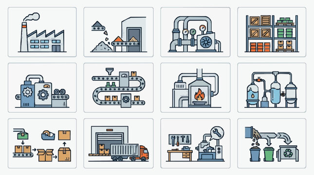 Elegant Illustrated Guide to Diverse Industrial Processes and Manufacturing Workflows in Minimalist Style