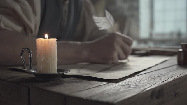 Medieval inventor drawing a flying machine wing design with a quill pen on parchment paper near a burning candle inside a workshop, tracking shot