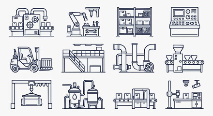 Fototapeta premium Dynamic Black and White Line Art Illustrations of Various Industrial Machinery and Factory Equipment