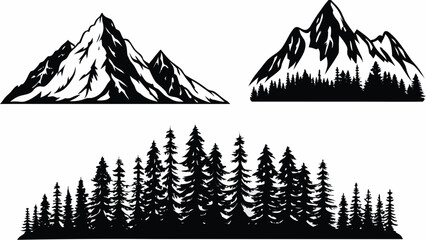 Black and white mountain and coniferous forest silhouettes against a transparent background a natural landscape composition alpine © MINA