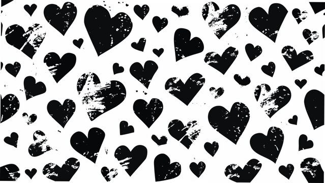Chaotic assortment of black heart shapes creates a distressed vector pattern on a white background abstract affection