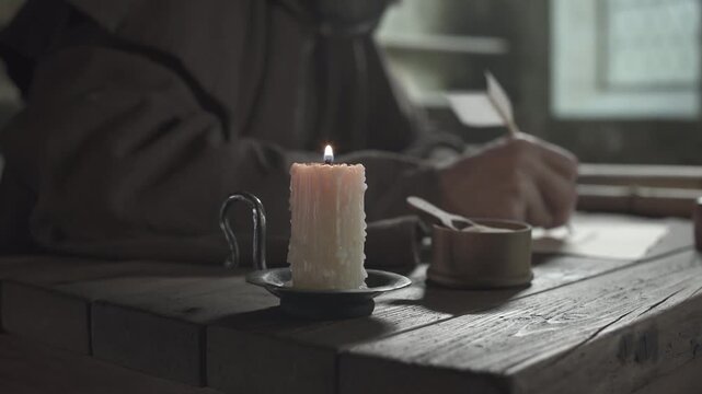 Hands of a monk dipping a quill pen into an inkwell and writing calligraphy text on parchment next to a burning candle and a wooden pounce pot inside a scriptorium, camera tracking
