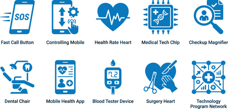 Medical app and healthcare icons showing heart rate monitor blood tester surgery tools and dental equipment.