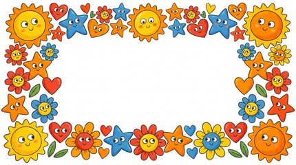 Fototapeta premium Bright, cheerful border of smiling suns, stars, hearts, and flowers forming a playful frame around a blank center ideal for kids’ art or cards.