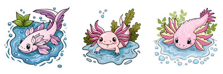 Fototapeta premium Cute Axolotl Collection Set Featuring Pink Aquatic Creatures in Water and Nature