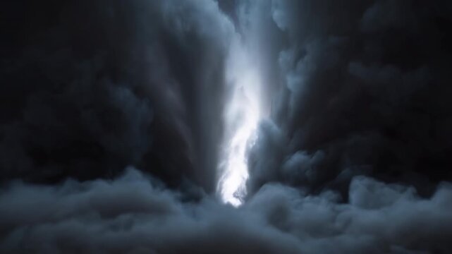 Bright vertical light shaft piercing dense storm clouds with dramatic rim lit edges, layered cumulus banks, deep shadow, textured atmosphere and cinematic contrast