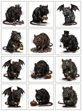 Set of twelve spooky Halloween rat characters featuring bats wings skulls pumpkins lanterns and gothic costumes for holiday design projects