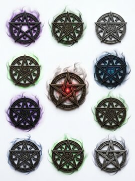 Collection of nine occult pentagrams with mystical colored smoke and ancient runes on white background