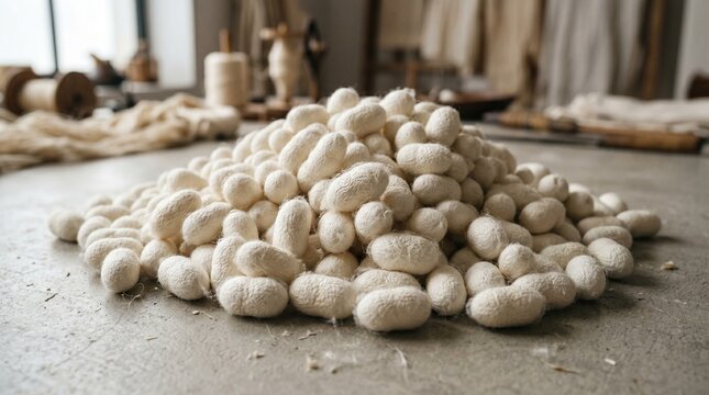 white silkworm cocoons pile clean surface natural silk production

