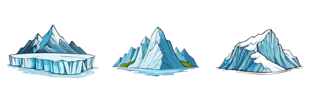 Set of stylized icebergs and icy mountains in a cool blue color palette