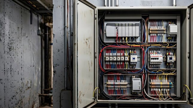 industrial electrical control panel with plc automation system and organized wiring inside manufacturing facility with copy space for engineering communication