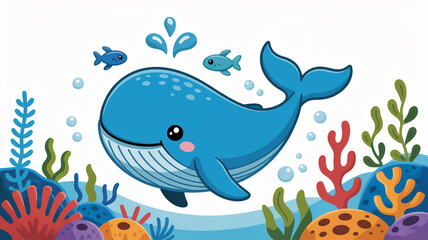 Fototapeta premium Cute Marine Life Fish Vector Illustration with Abstract Ocean Background Cartoon Sea Animals Dolphin Shark Whale and Underwater Wildlife Design