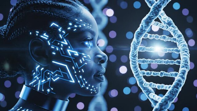 African woman scientist observing a glowing DNA double helix with digital circuit patterns on her face, symbolizing AI-driven genomics and futuristic biotechnology