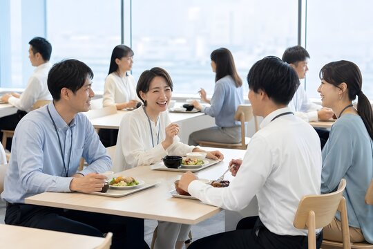 会社の食堂でランチを楽しむ社員たち