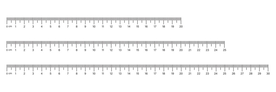 Set of measuring chart with 20cm, 25cm and 30 centimeters. Collection of ruler scale 200mm, 250mm and 300mm with numbers. Templates of ruler scale. Length measurement height.