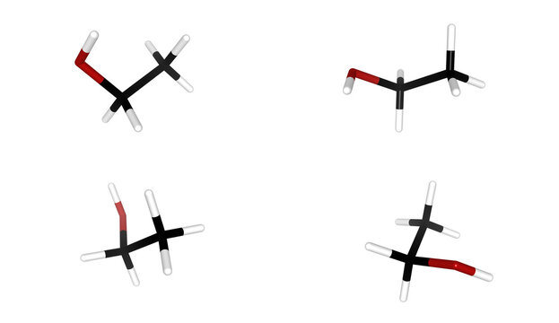 3D Render Ethanol Chemical Structure Molecular Model C2H5OH Ethyl Alcohol Concept Renewable Biofuel Fuel Additive Solvent Industrial Chemistry Medical Sanitation Research Science Lab Atomic Simulation