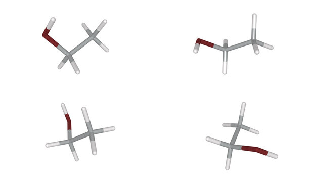 3D Rendered Ethanol C2H5OH Molecule Chemical Structure Models, Ethyl Alcohol Organic Compound Used In Medicine Sanitation Biofuel Solvent Industry Science Chemistry Research, Molecular Simulation, DFT