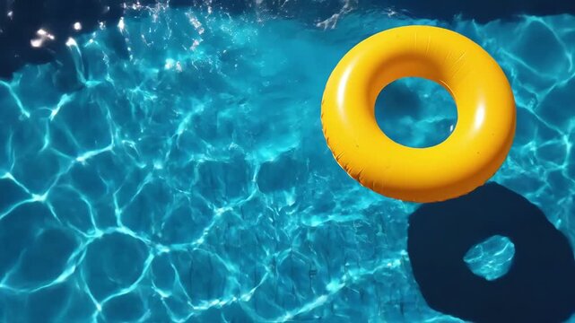 Bright yellow inflatable ring floating in sparkling blue pool water