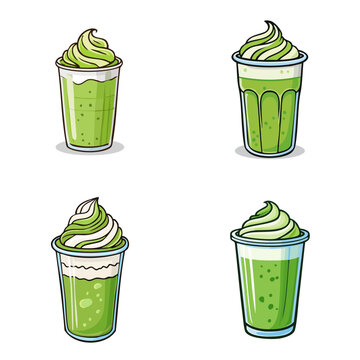 Set of four delicious green matcha frappes with whipped cream and swirling layers