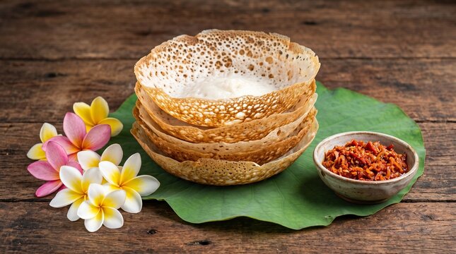 A tight, eye-level commercial food photograph focused exclusively on a rustic dark wooden table surface. At the center, a tall, neat stack of crispy, golden Sri Lankan hoppers (appa) with perfect