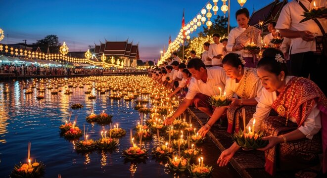 People Release Floating Lanterns on River During Festival at Night.