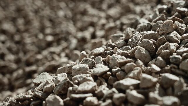 Close-up crushed stone aggregate piled in shallow mound with low oblique viewpoint and narrow depth of field, emphasizing rough angular fragments, dusty texture, and industrial building material