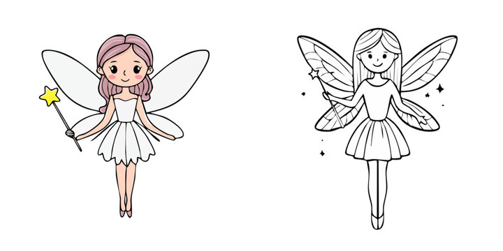 Set of cute cartoon fairies with wings and wands for children's illustrations and design