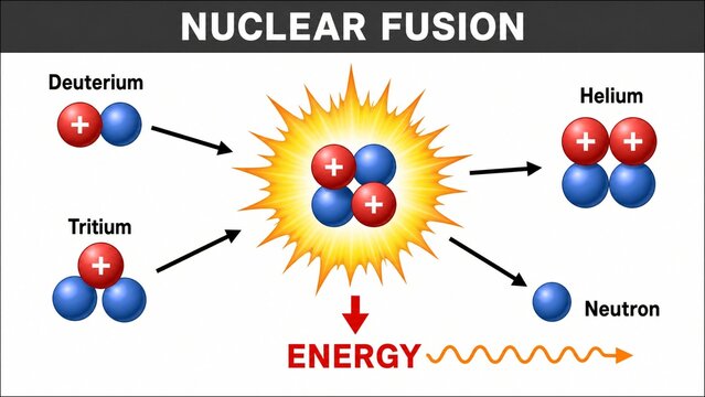 Nuclear Fusion Process Diagram Illustrating Deuterium and Tritium Atom Reaction to Produce Helium Neutron and Energy