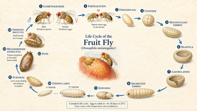 Life Cycle of the Fruit Fly Drosophila Melanogaster Diagram for Education and Scientific Study
