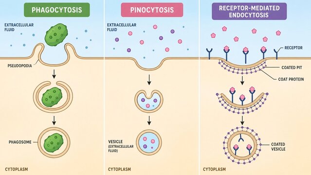 Cellular Endocytosis Processes Phagocytosis Pinocytosis and Receptor Mediated Endocytosis Diagram