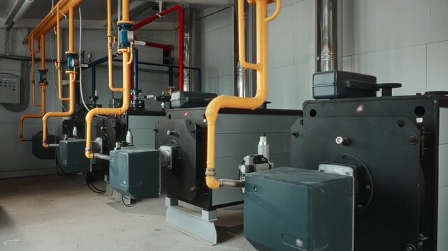 Modern commercial boiler room with row of gas heating units, yellow piping, blue valves, wall mounted controls, ventilation ducts, concrete floor and clean utility interior