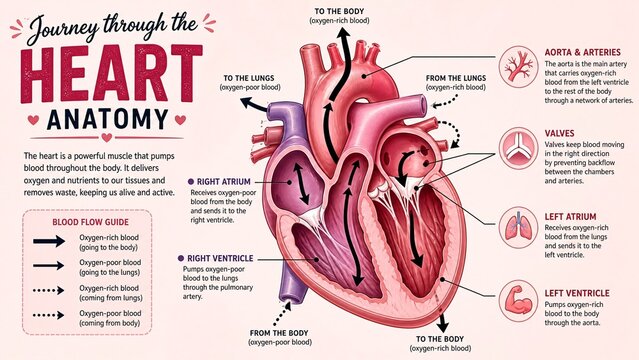 Heart Anatomy and Blood Flow Educational Infographic Illustrating Human Cardiac System