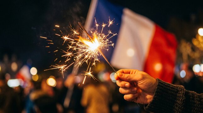 Hand holding a sparkler during bastille day celebrations at night
