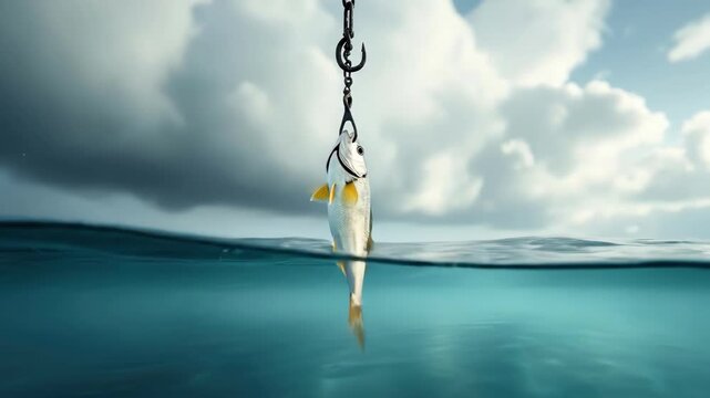 Fish hooked mid-air over ocean waves with stormy sky background