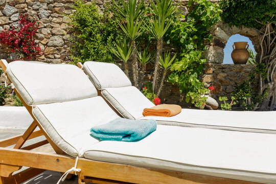 Poolside Lounge Chairs at a Greek Island Resort