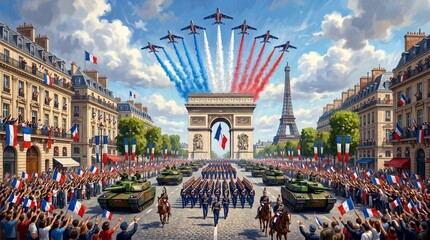 Bastille day military parade in a grand capital with jets