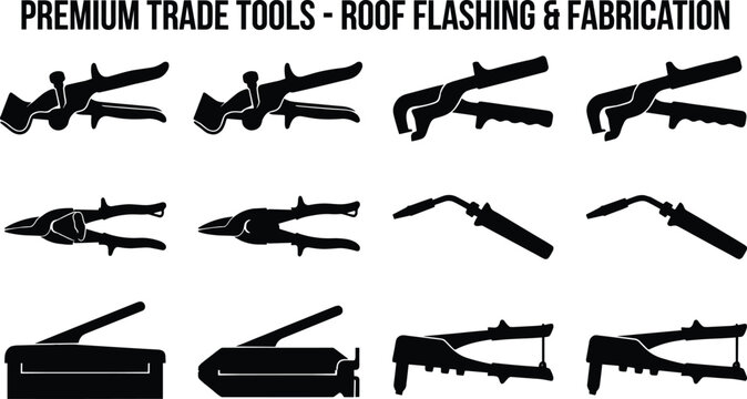 Roof flashing and sheet metal fabrication trade tools icons set with black industrial silhouettes isolated on white background