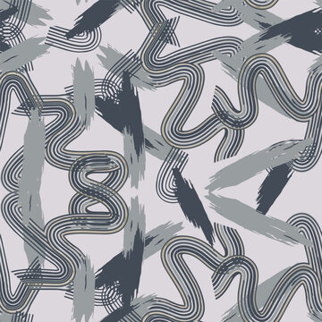 Modern vector seamless pattern featuring monochromatic wavy parallel lines and painterly abstract brushstrokes on a light grey background.