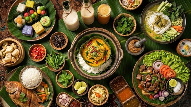 Authentic cambodian cuisine colorful feast of asian cuisine with various ingredients and dishes on banana leaves
