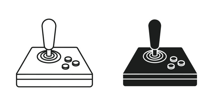 Classic retro arcade gaming joystick controller set in outline and solid black style for digital interface